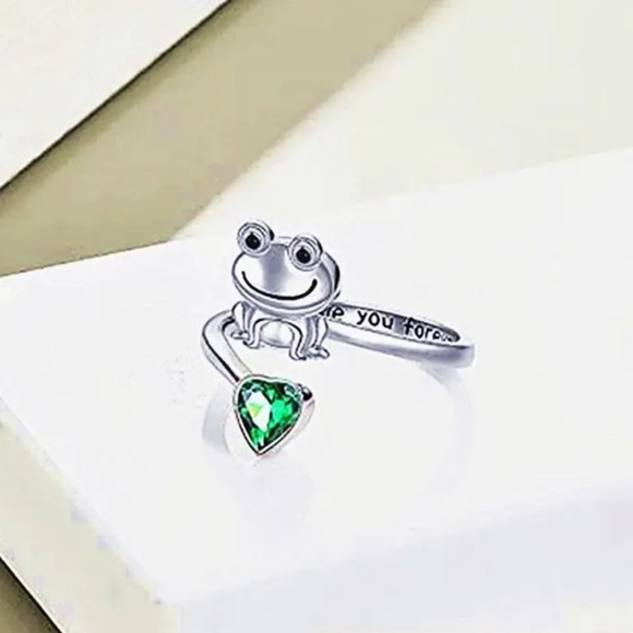 White Gold Plated Love You Forever Frog Open Ring Adjustable With Green CZ - Picture 2 of 3